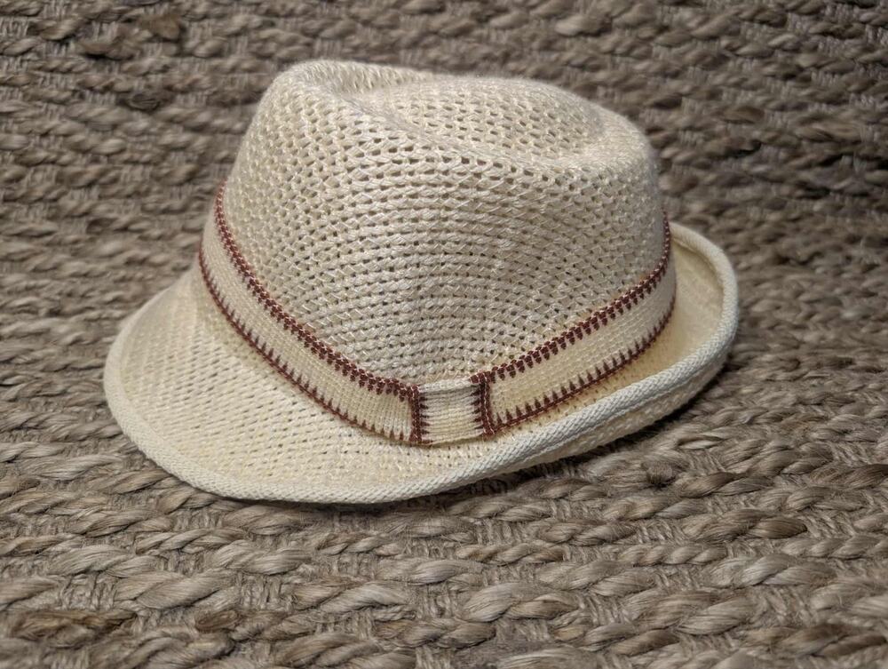 Mens World Cup Fedora Straw Hat Beige Brown Headband Size S